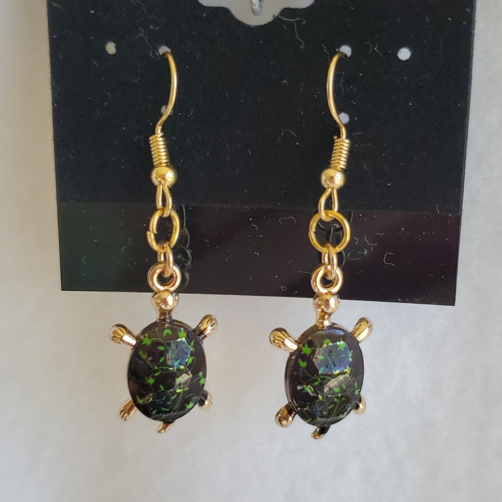 Womens Gold & Green Turtle Hook Earrings